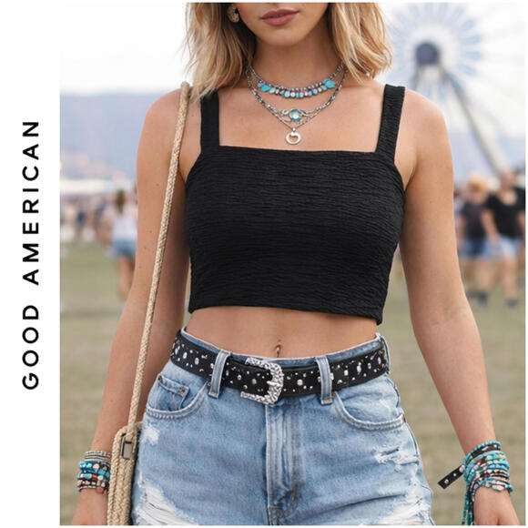 Good American Tops - NWT GOOD AMERICAN SZ M Black Textured Square Neck Crop Top Goth Festival $129